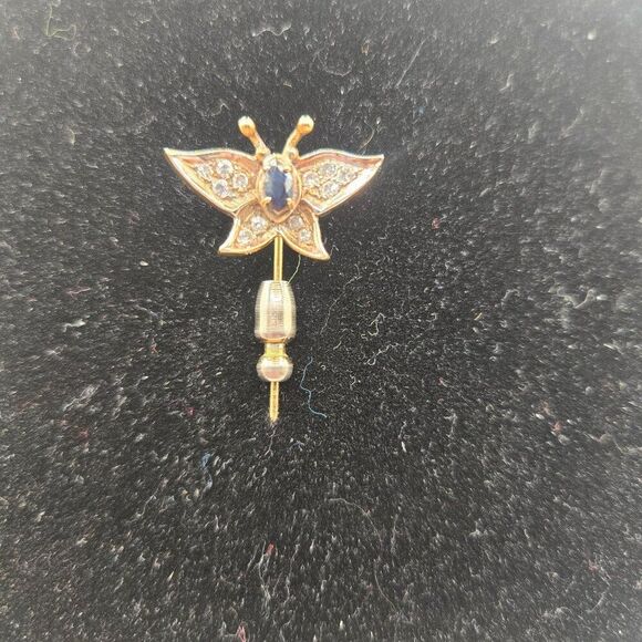 Vintage 14K Gold Butterfly Stick Pin Diamonds Sapphire - Picture 4 of 7